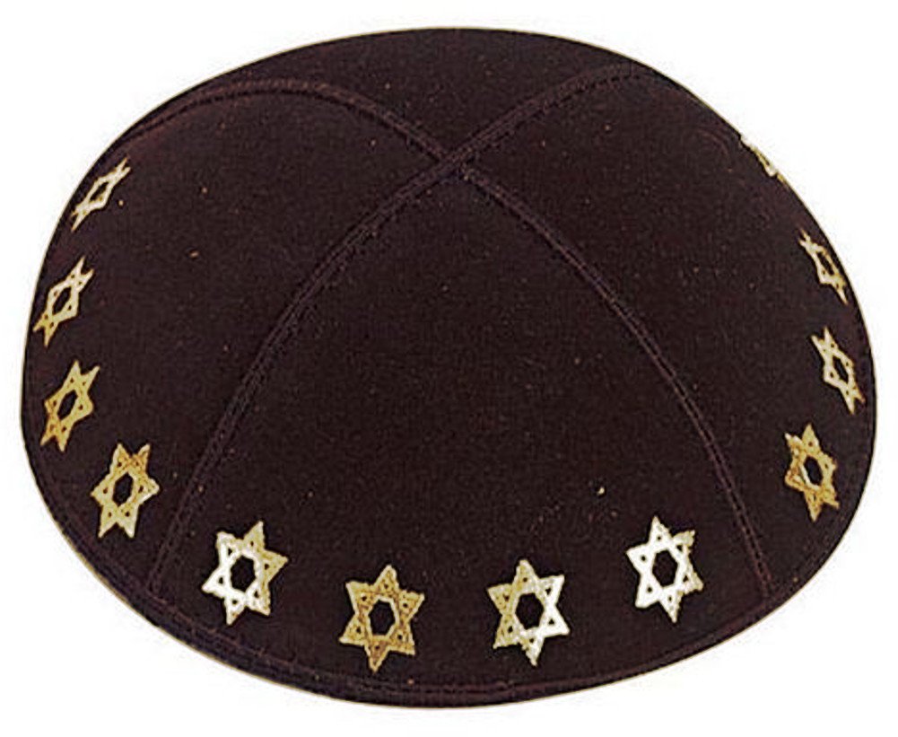 Holy Land Market Foil Embossed Suede Kippah - Stars of David, Golden Stars, 15 cm or 5.8 Inches