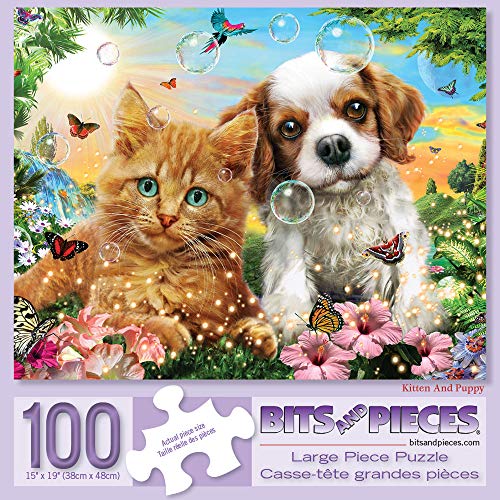 Bits and Pieces – Large 100 Piece Jigsaw Puzzle for Adults – Kitten & Puppy - Cute Baby Animals Dog Cat Jigsaw Puzzle by Adrian Chesterman, Completed Puzzle Size: 15" x 19"