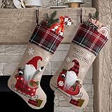 OVEELER Burlap Christmas Stocking with Gnome, Buffalo Plaid Decorative Cuff for Xmas Holiday Decorat
