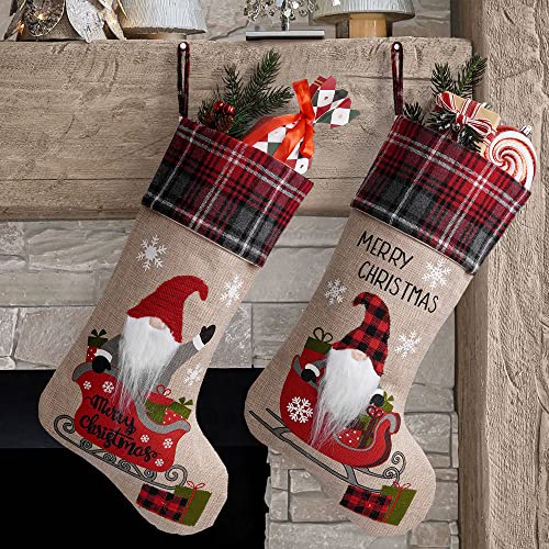 Oveeler Burlap Christmas Stocking With Gnome, Buffalo Plaid Decorative Cuff For Xmas Holiday Decoration Set Of 2 #TOP30