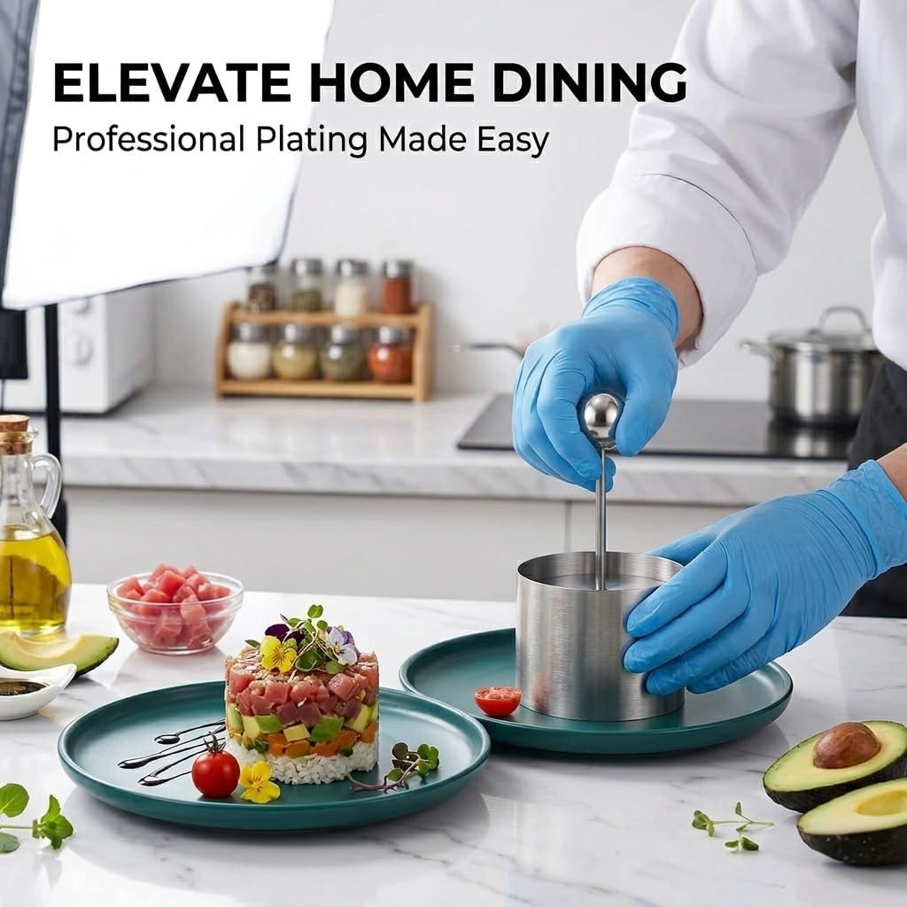 3Pcs Stainless Steel Sushi Mold Set with Presser, Round Food Presentation Rings for Cooking, Onigiri Mold for Tuna Tartare Pastry Cake Forming (2.3 & 2.7 & 3.1'')