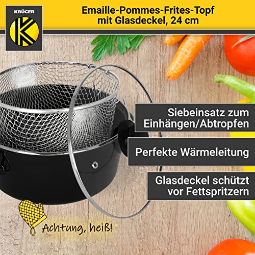 Krüger Emaille-Pommes-Frites-Topf mit Chromrand, Siebeinsatz und Aufliege-Glasdeckel - 24cm - perfekte Wärmeleitung - Topf zum Frittieren von Pommes-Frites, Calamares, etc. – Bild 5