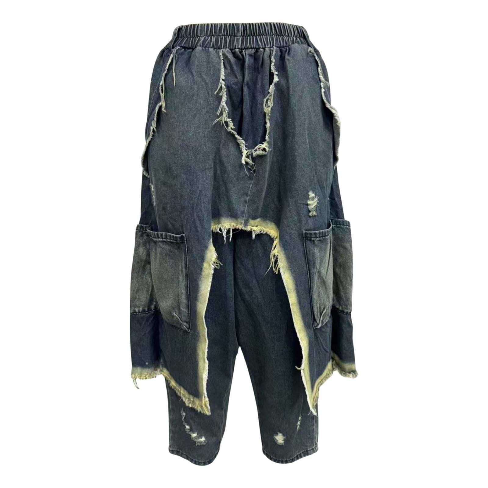 Pantalones vaqueros para mujer, pantalones harén, tallas grandes, barrel, patchwork, holgados, pantalones cargo hippie, pantalones de mezclilla, pantalones elásticos, pantalones de correr