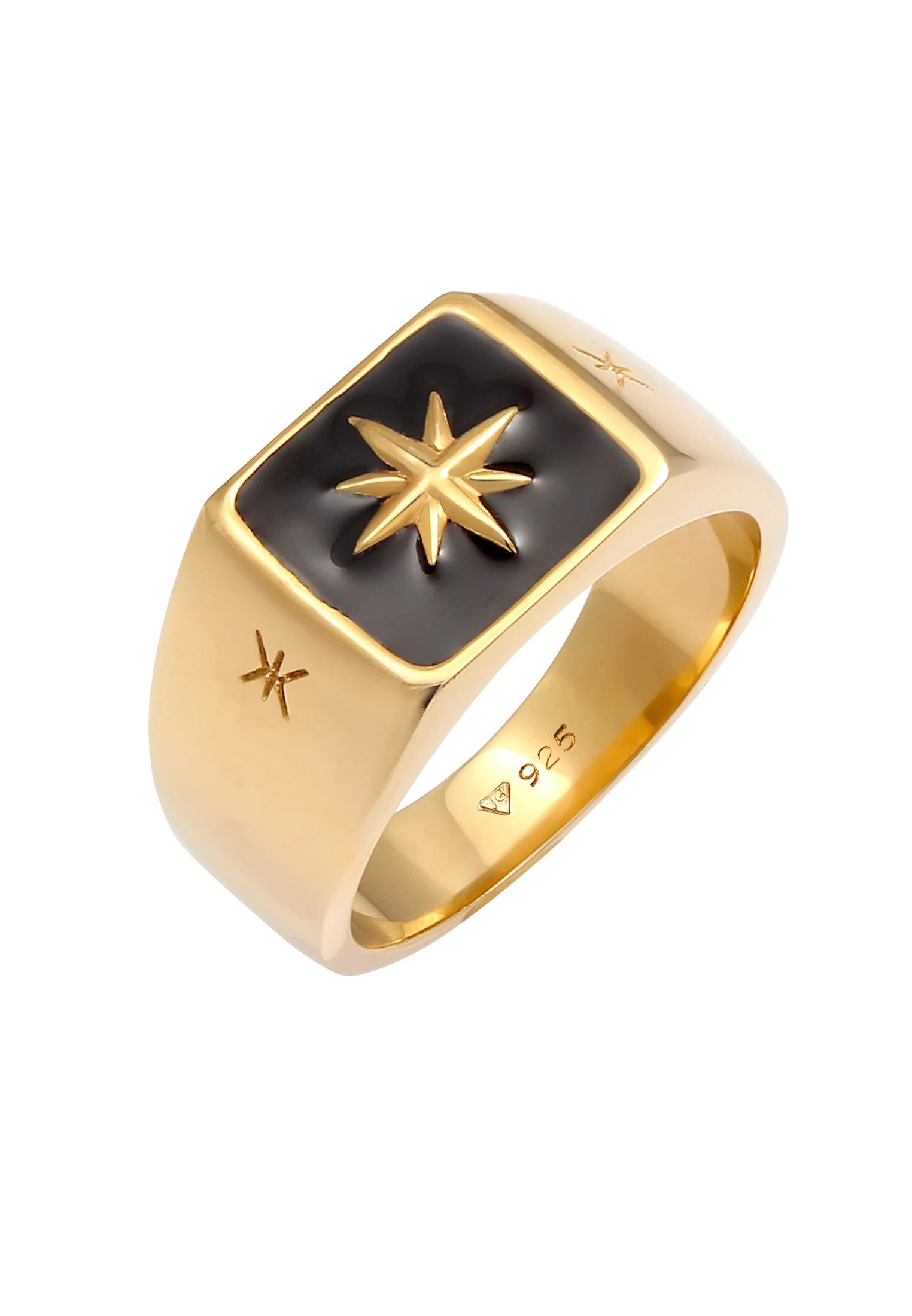 Kuzzoi Men's Signet Ring Solid 11 mm Wide in 925 Sterling Silver Gold-Plated Gold Finish with Black Enamel and Star Design Gold Ring for Men in Ring Size 54-66