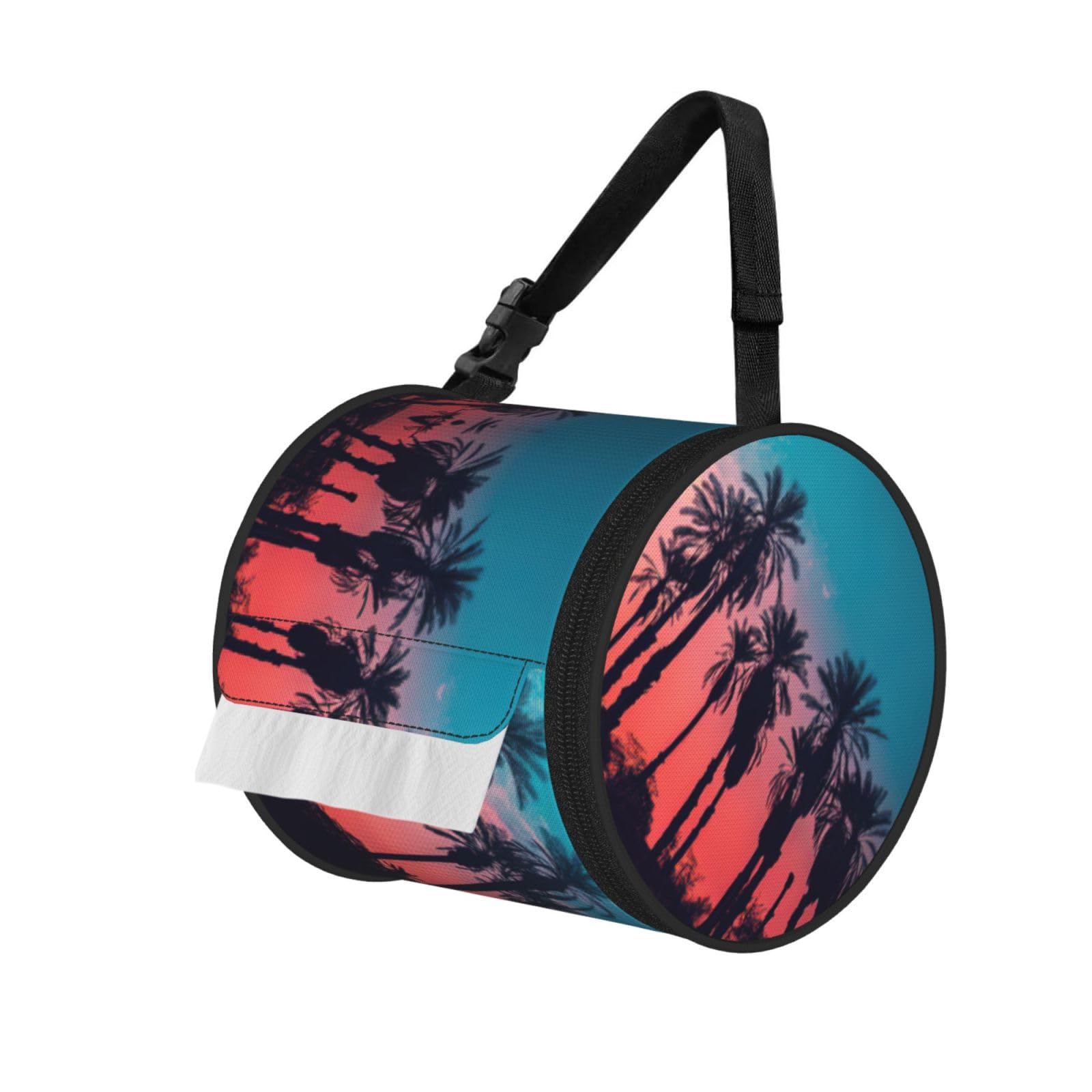 Palm Tree Sunset Printed Hanging Tissue Organizer, Smooth Zipper Oxford Cloth Roll Holder for RV Bathroom Desk