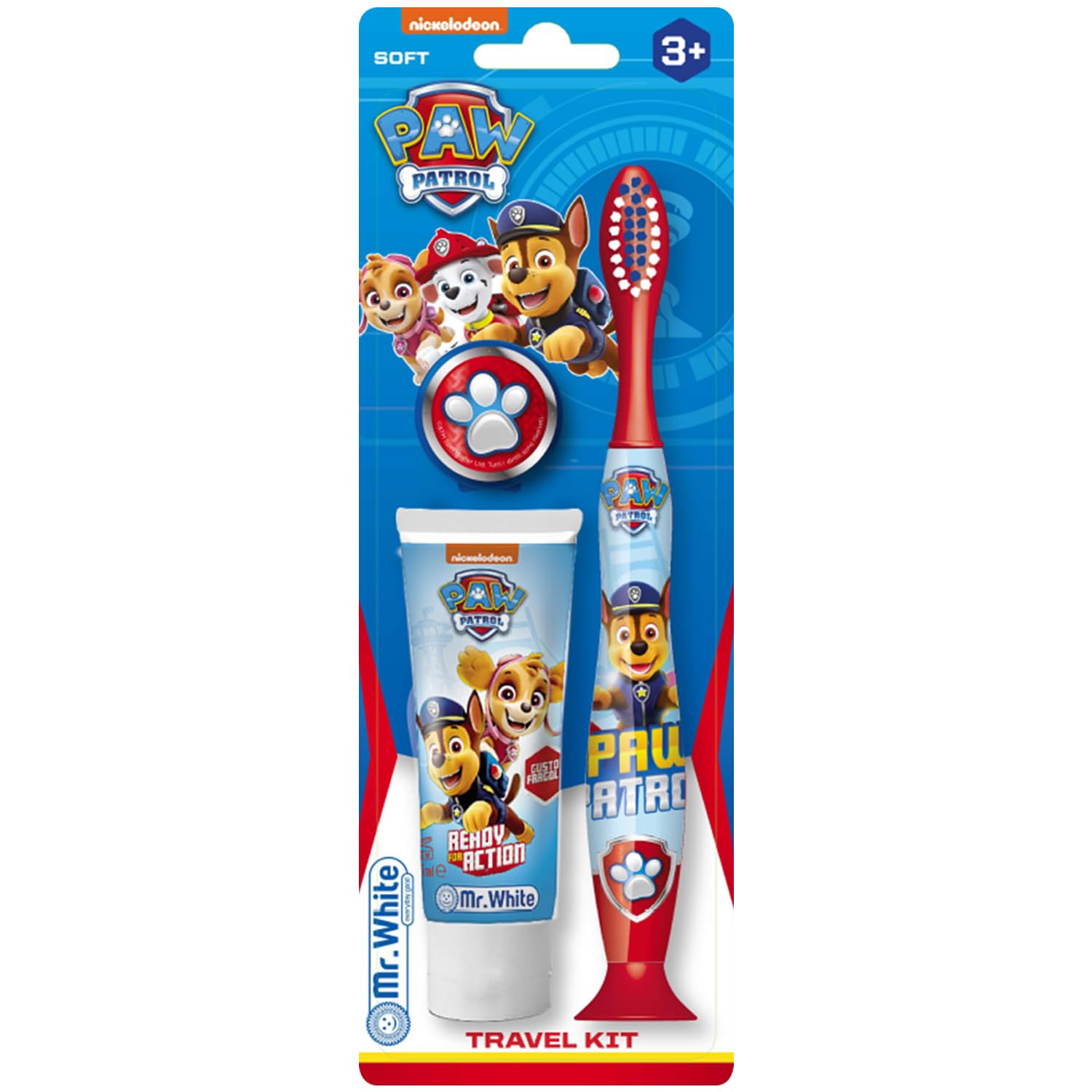 Paw Patrol, set da viaggio per bambini, include dentifricio aromatizzato alla fragola e spazzolino a setole morbide con ventosa e tappo protettivo, kit per l'igiene orale adatto ai viaggi per bambini