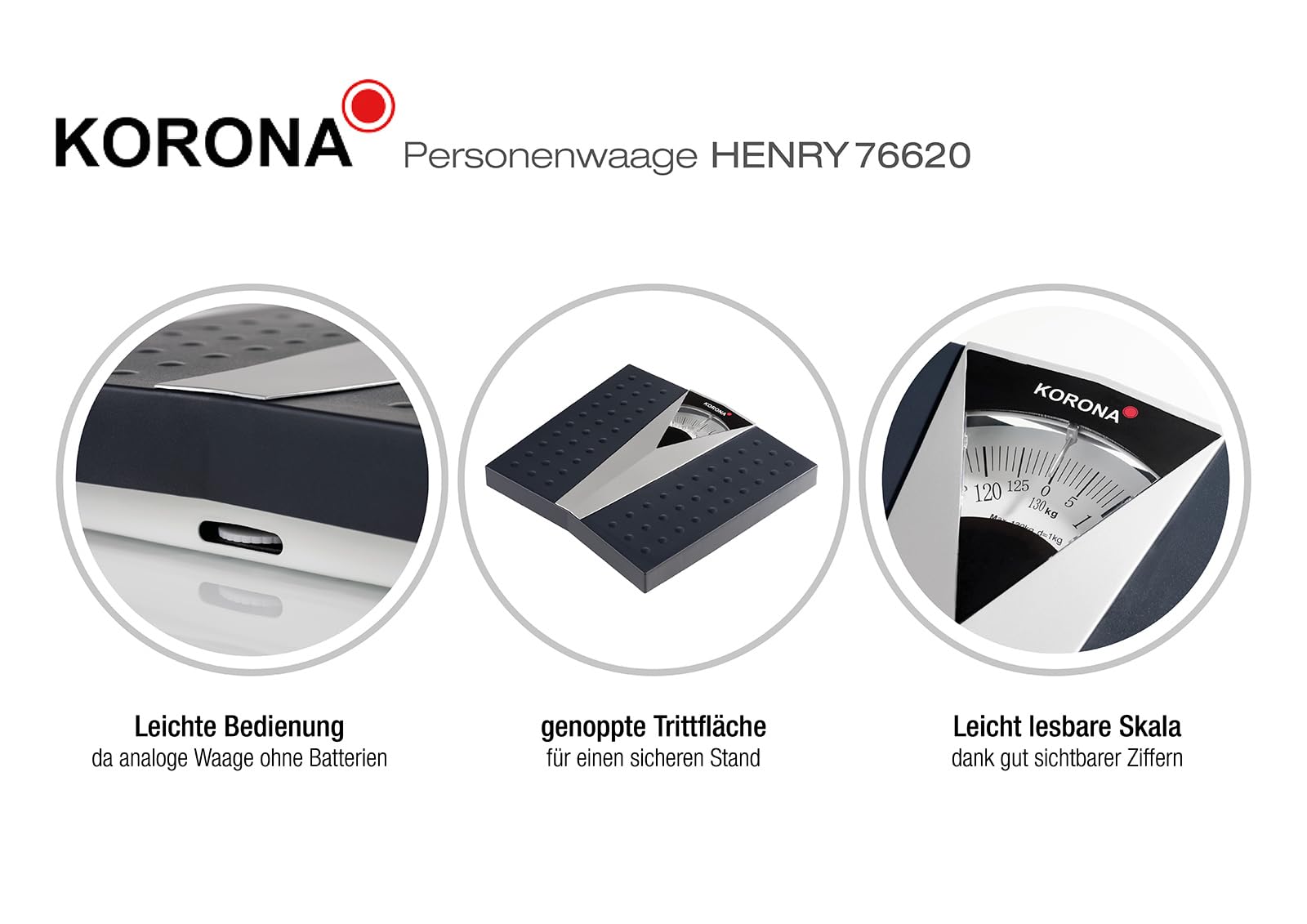 Korona 76620 Mechanische Personenwaage Henry in Grau - Präzise Körperwaage für Personen bis zu 130 kg - Analoge Waage