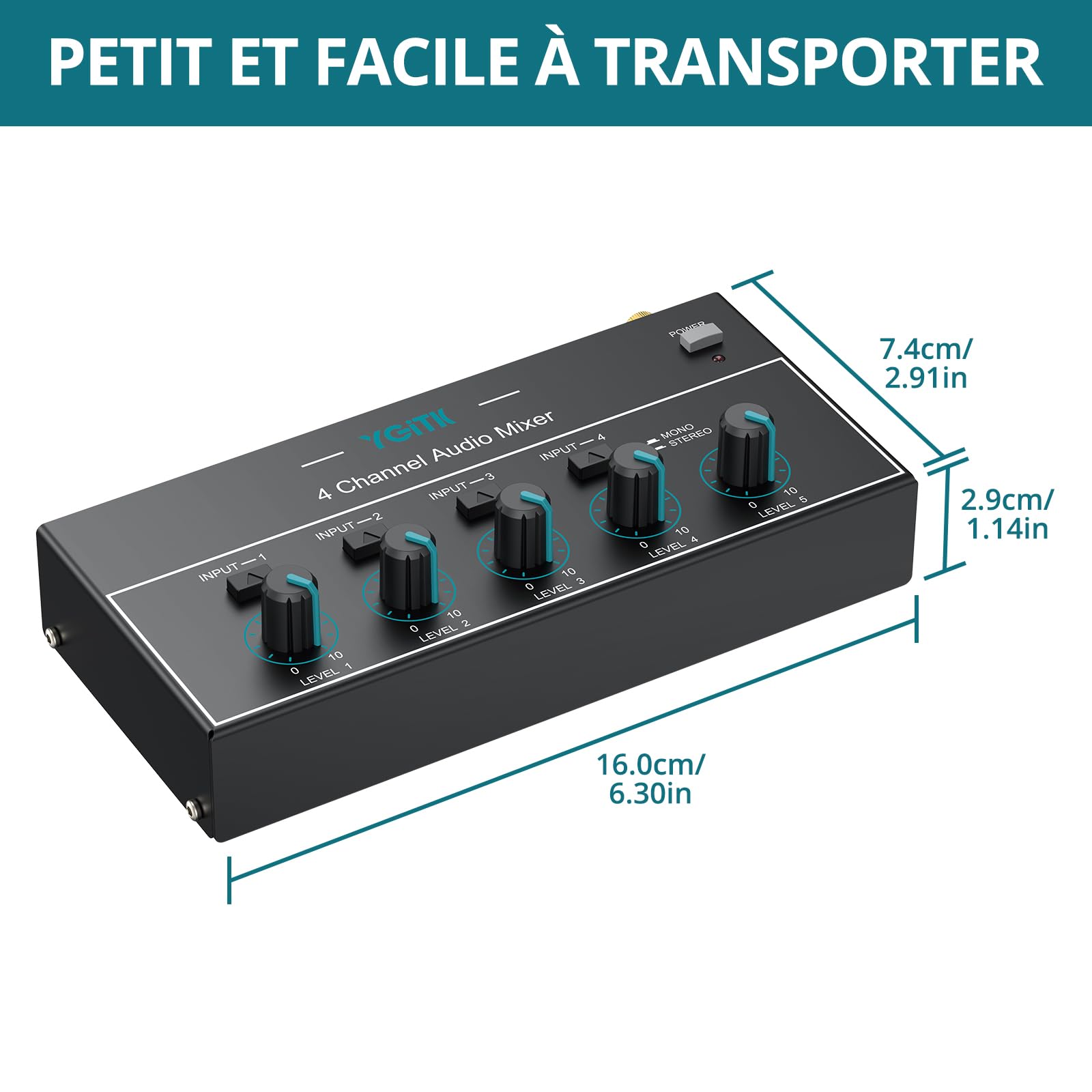 Mini Mélangeur Audio 4 Canaux Stéréo/Mono, 3,5 mm + 6,35 mm avec Contrôle du Volume Indépendant, Faible Bruit, USB Type-C pour Guitare, Clavier, Micro, Casque, PC