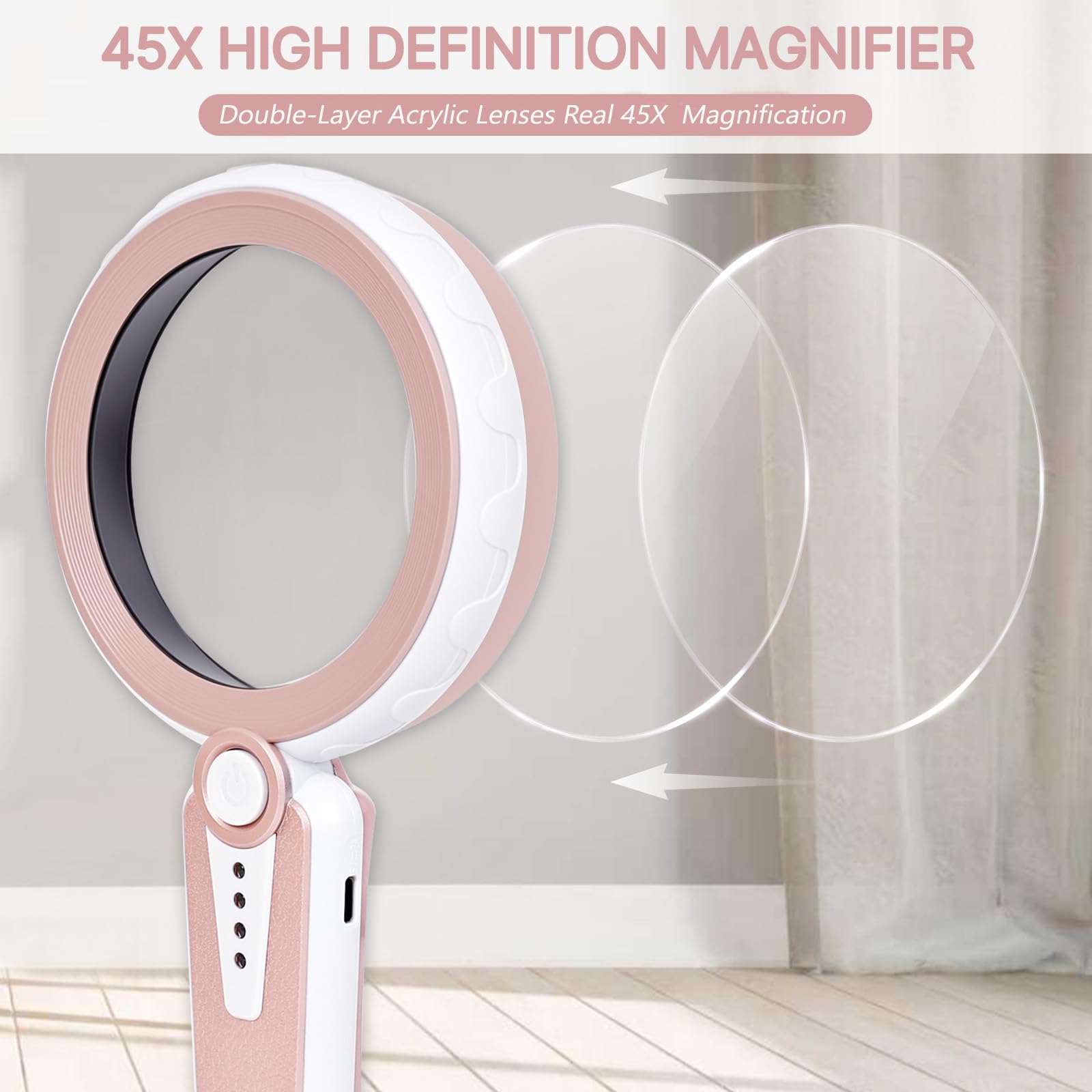 Lupa 45X con luz, 6 modos de color, lupa de mano grande de 4.6 pulgadas, recargable de 1200 mAh para mujeres, personas mayores de baja visión con degeneración macular, lectura, joyas, monedas