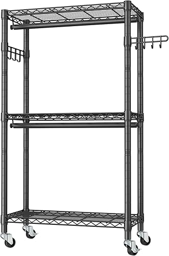 Vista 36 de Perchero de ropa resistente con ruedas, estantes de alambre ajustables para colgar ropa con colgador y cesta doble, armario de metal independiente