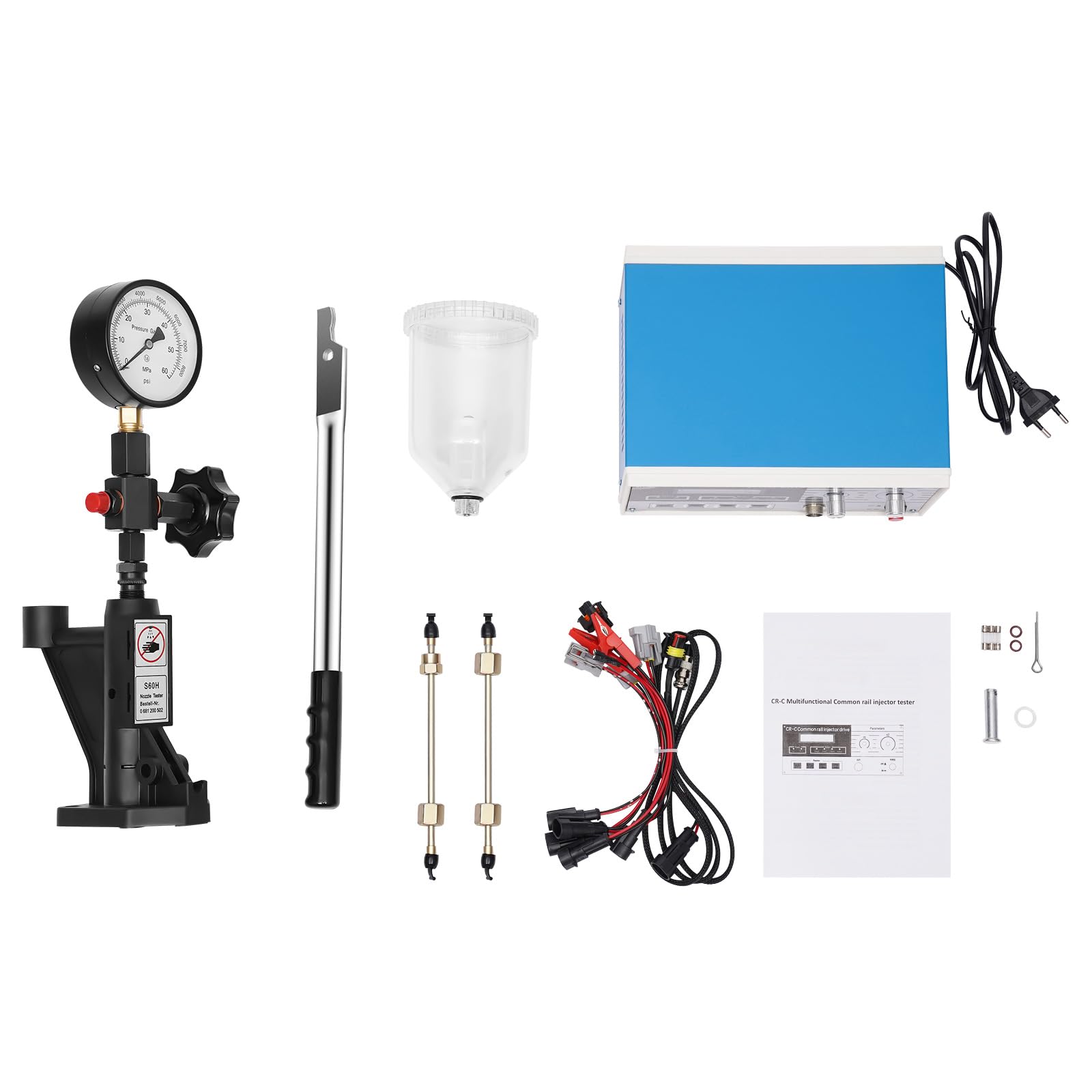 CR-C Multifunktions Diesel Injektor Tester Set 220V 0-600 bar Einspritzdüsen Prüfgerät, Common Rail Injector Tester & S60H Injector Validator 11 x 25 x 19 cm mit 3 Steckverbinder