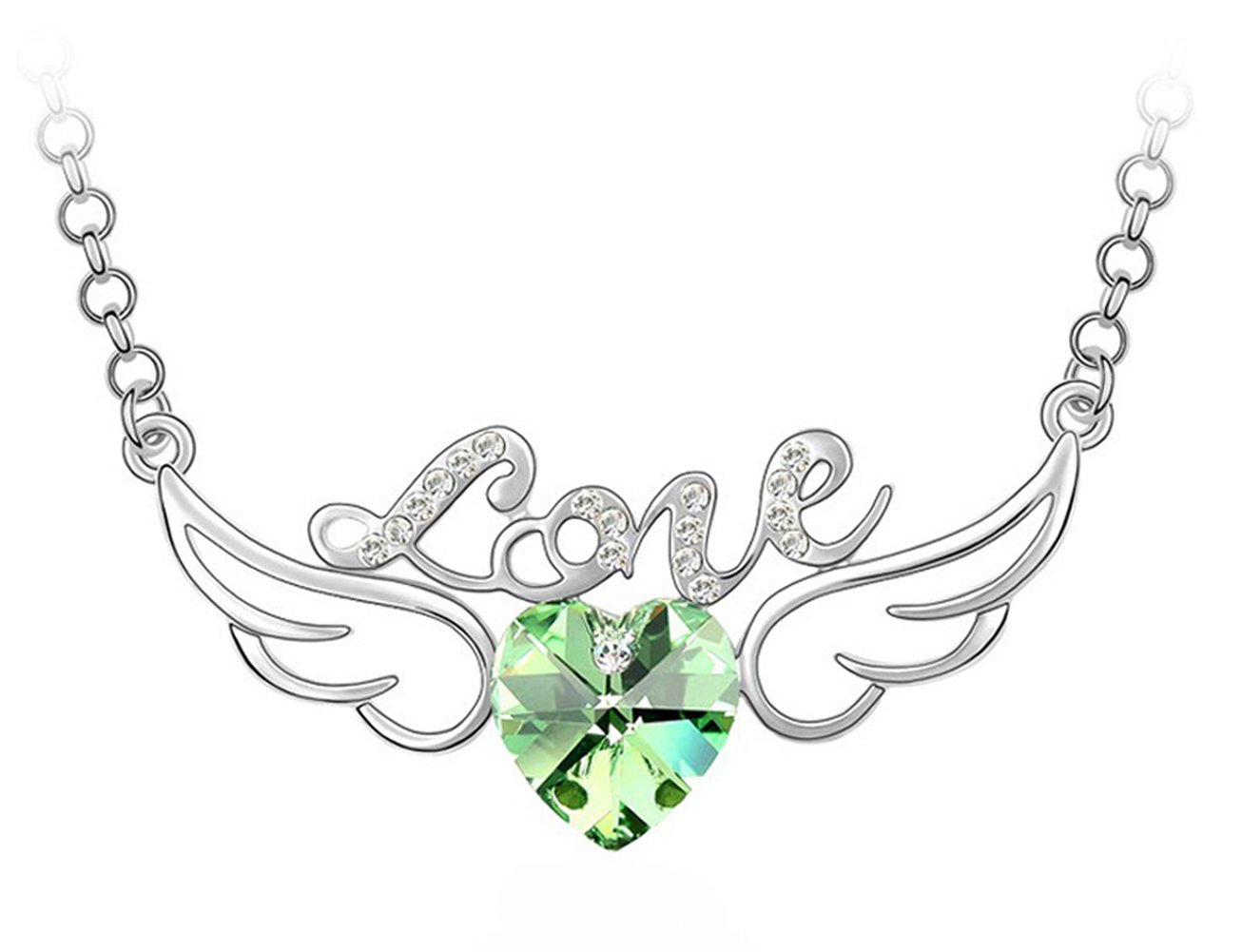 Rigant White Gold Plated Hollow Style Letter Love Angel Wings Heart Swarovski Crystal Elements 25" Long Chain Pendant Necklace Fashion Jewelry for Women