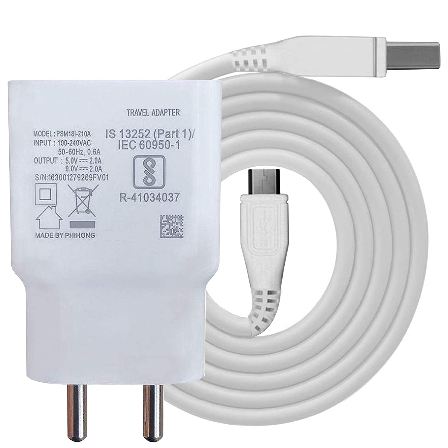 Yashvaid 18W Fast Charger With Micro Usb Data Cable Compatible For Cellular Phones Vivo S1 V7 V15 V9 V11 V5 V5S V3 V15-In Y15 Y17 Y Pro U10 U20 - White