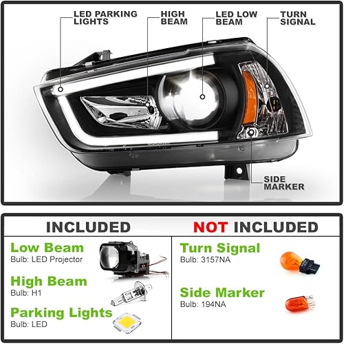 Miniatura 2 de ACANII - Para modelo halógeno 2011-2014 Dodge Charger LED Tubo con proyector LED integrado Faros delanteros izquierdo+derecha, negro ónix con