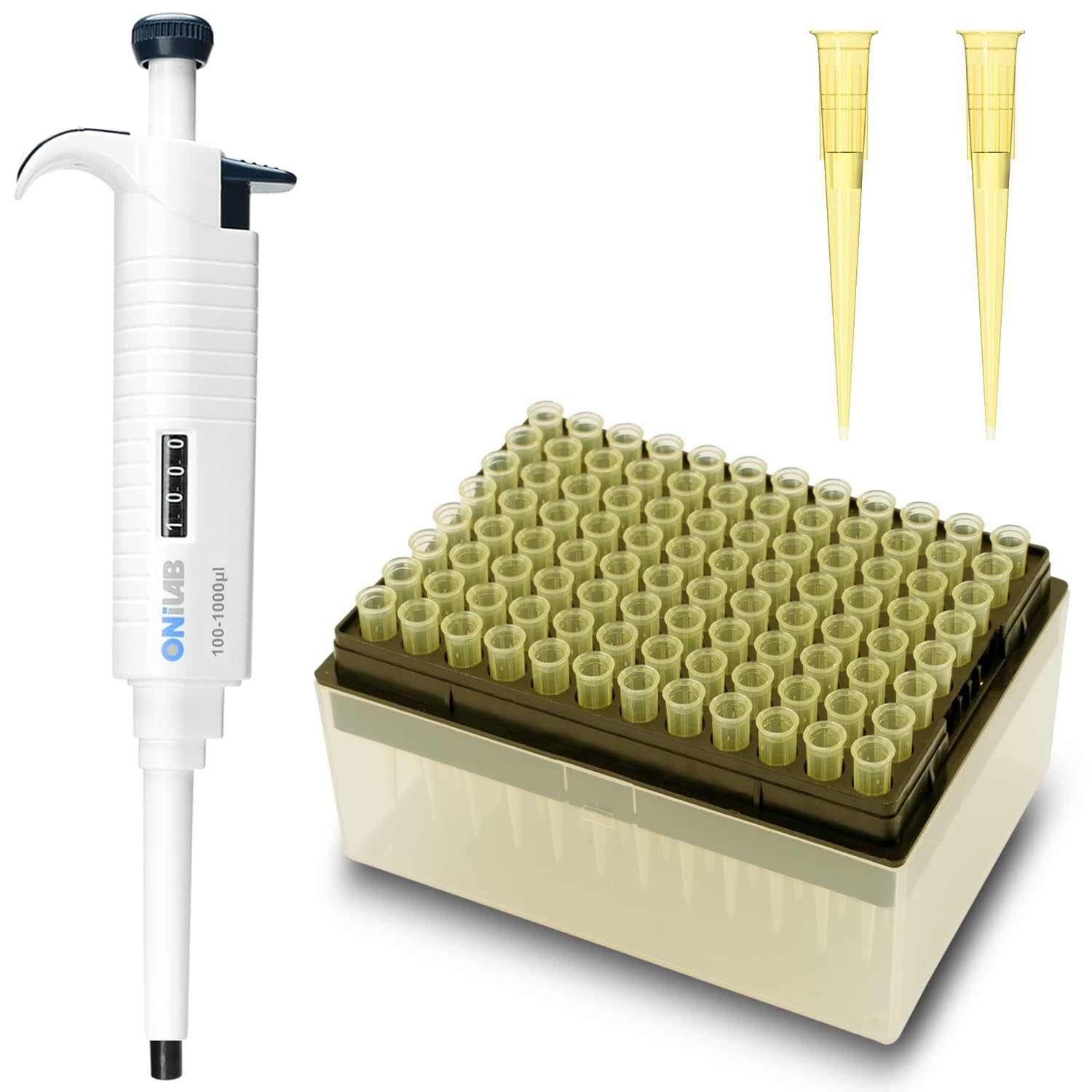 ONiLAB 5-50μl Micropipette with 100μl 96pcs/Box Pipettor Filter Tips,Single-Channel Manual Adjustable Variable Volume Pipette with Transparent Yellow Liquid Pipettor Filter Tips