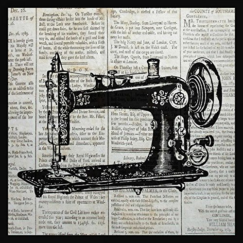 Ancien paysage et machine à coudre vintage sur grande toile carrée pour salon rétro