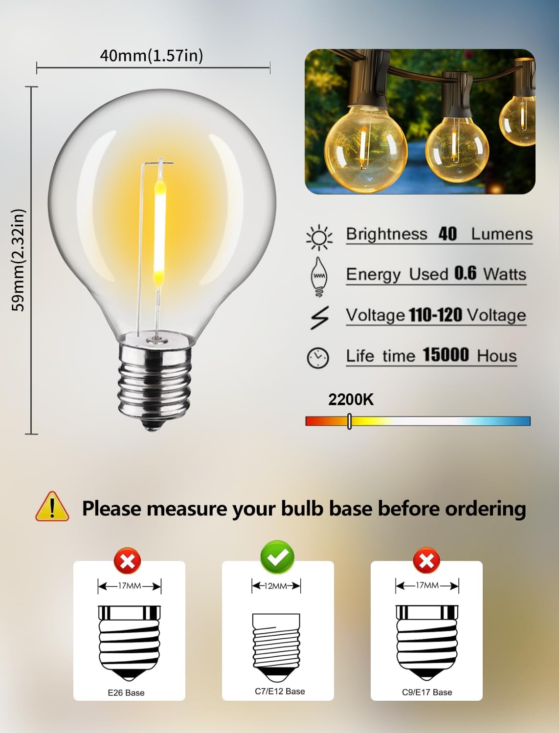 KGC G40 LED String Light Bulbs, 1.5 Inches Shatterproof LED Replacement Bulbs for Outdoor String Lights, 0.6Watt Equvanlent to 7Watt Incandescant Bulbs, E12 Screw Base, 2200K (Warm White 25Pack)