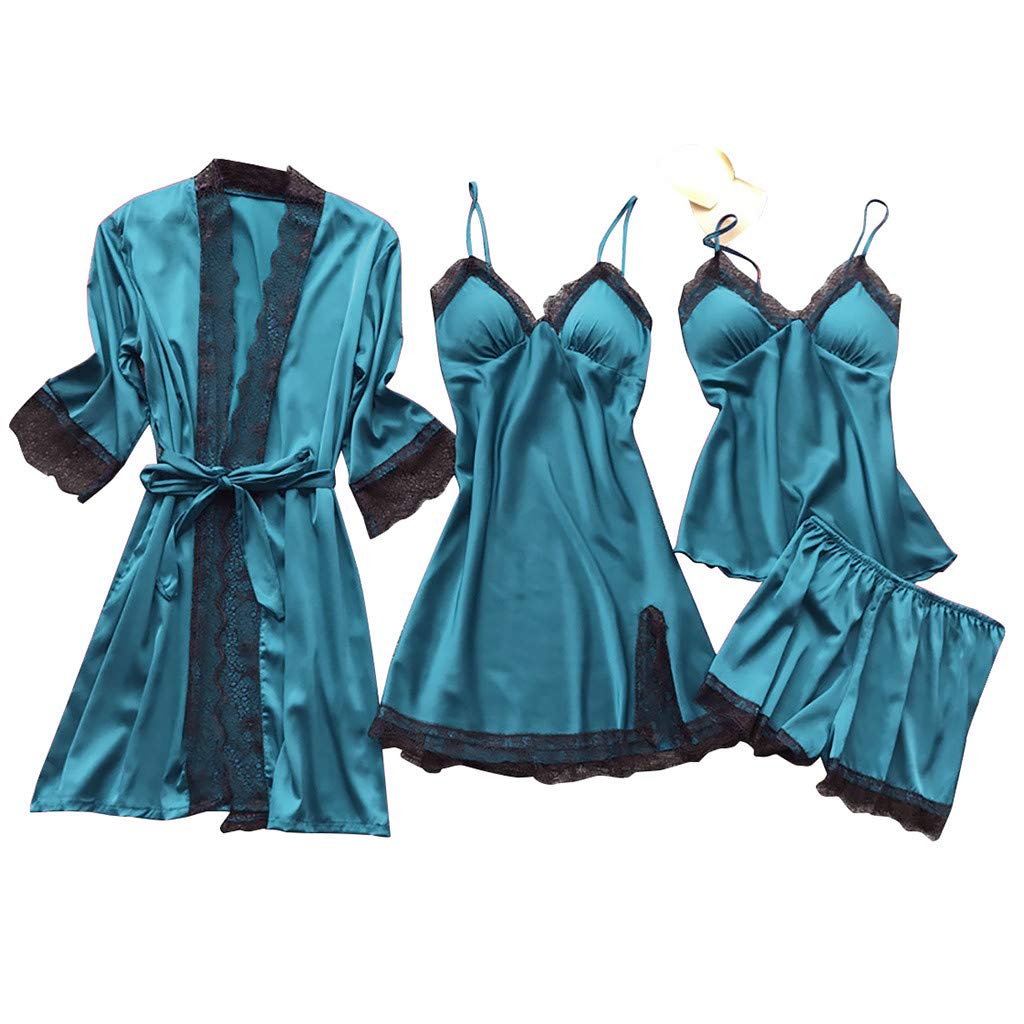 Women Silk Dress Robe Sleepwear Pajamas Set Lace Nightdress Lingerie plus Size Boudoir Lingerie Long Torso Blue