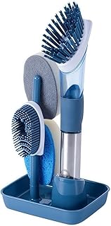 Lavavajillas sin esfuerzo con cepillos de cocina 4 en 1 con dispensador de jabón (azul)