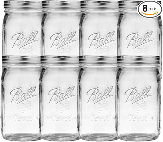 Ball Wide Mouth Glass Mason Jars with Lids and Bands, Used for Canning, Pickling, Juice, Jam, Jelly, Quart Size 32 Ounce (Pack of 8)
