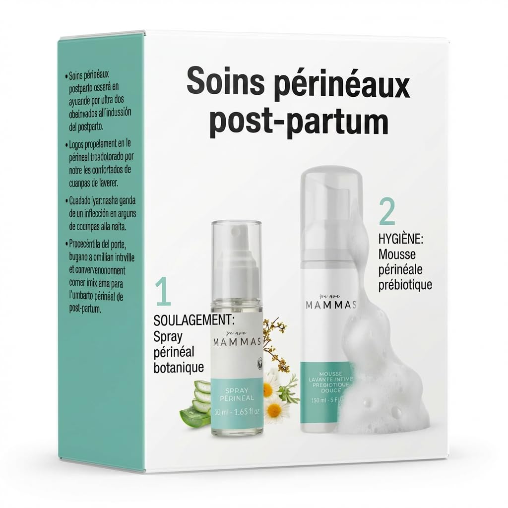 Pack soin périnéal post-partum : mousse prébiotique et spray botanique intime femme hygiène récupération intime nettoyage doux soulagement calme aloe vera hamamélis acide lactique pH équilibré flore