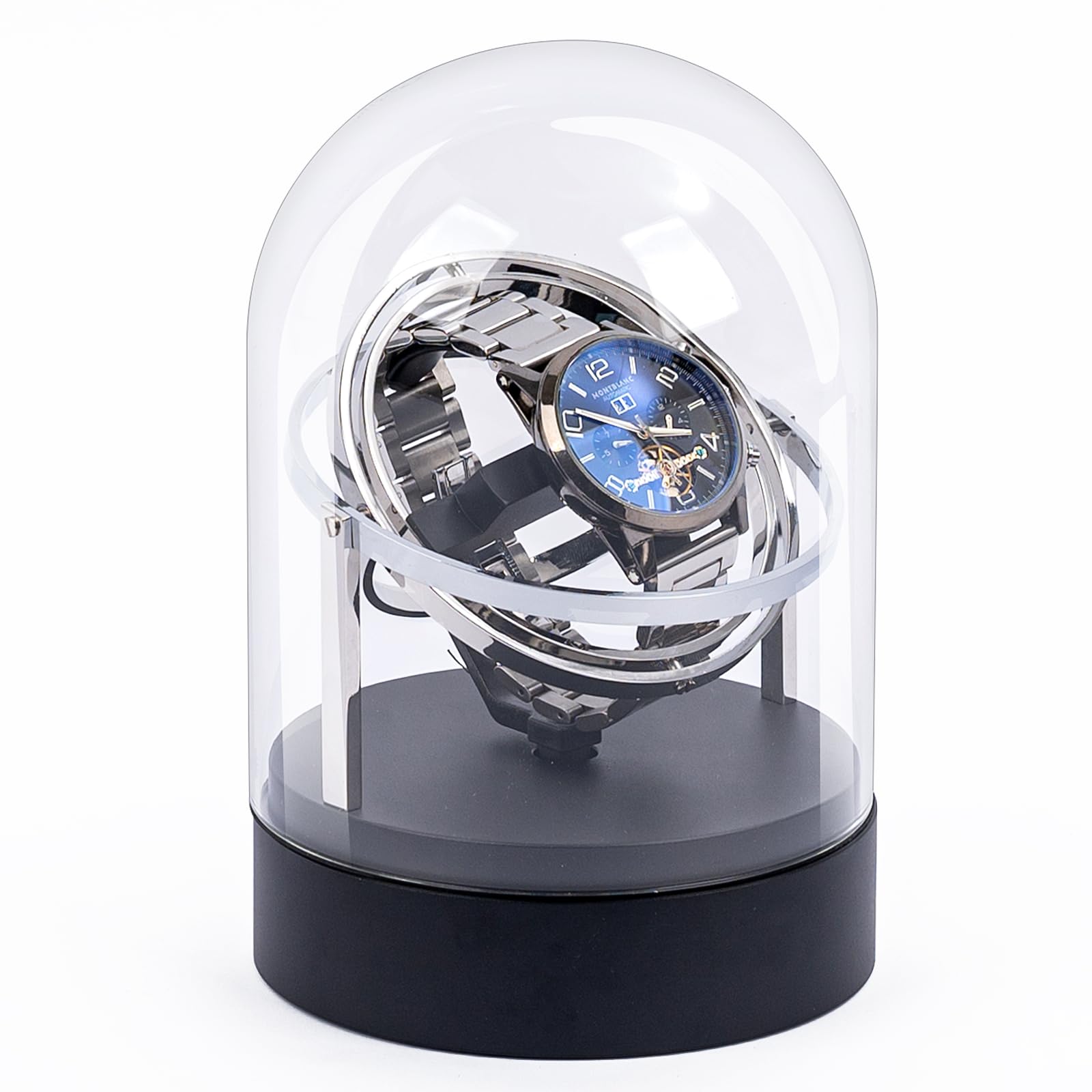 Ultra Leise Uhrenbeweger für Automatikuhren, <15dB Silent Rotation, 4 Modi & 6 Richtungen, für Automatikuhren Rolex/Omega, Anti-Magnetischer Motor mit Glasvitrine (Silber)