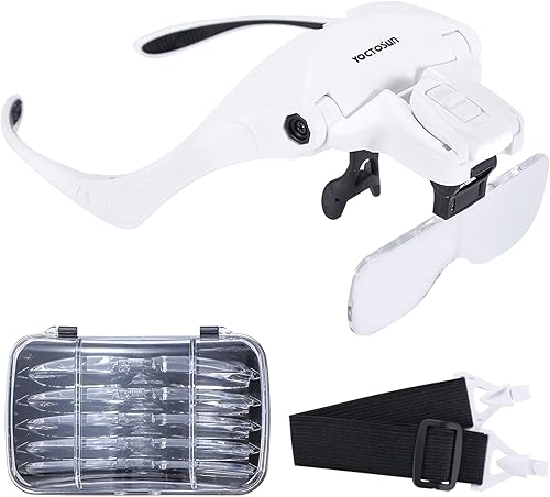 YOCTOSUN Visera de aumento de cabeza con 4 luces LED y 5 lentes desmontables 1X, 1.5X, 2X, 2.5X 3.5X - Lupa manos libres para joyas, artes,