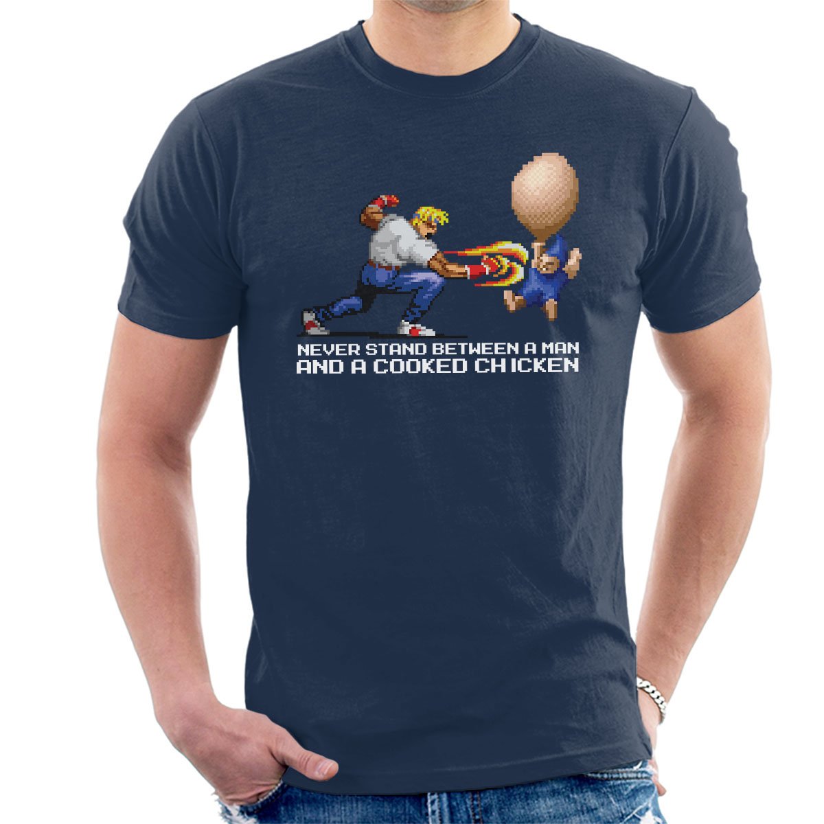 Cloud City 7 Men's Navy Blue Never Stand Between A Man And A Cooked Chicken Streets Of Rage Golden Axe T-Shirt
