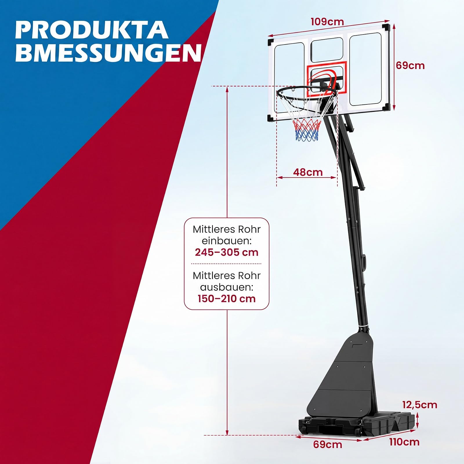 COSTWAY Basketballkorb Outdoor mit Kurbel, 150/245-305 cm höhenverstellbar | Basketballständer mit Ballrücklauf, 2 Rädern & PC-Rückwand, mobile Korbanlage, Korbsystem tragbar für Kinder, Erwachsene