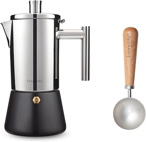 Miniatura 1 de Easyworkz Diego - Cafetera de café expreso de acero inoxidable, 4 tazas, 6.8 onzas, cuchara de café retro de acero inoxidable con mango de nogal