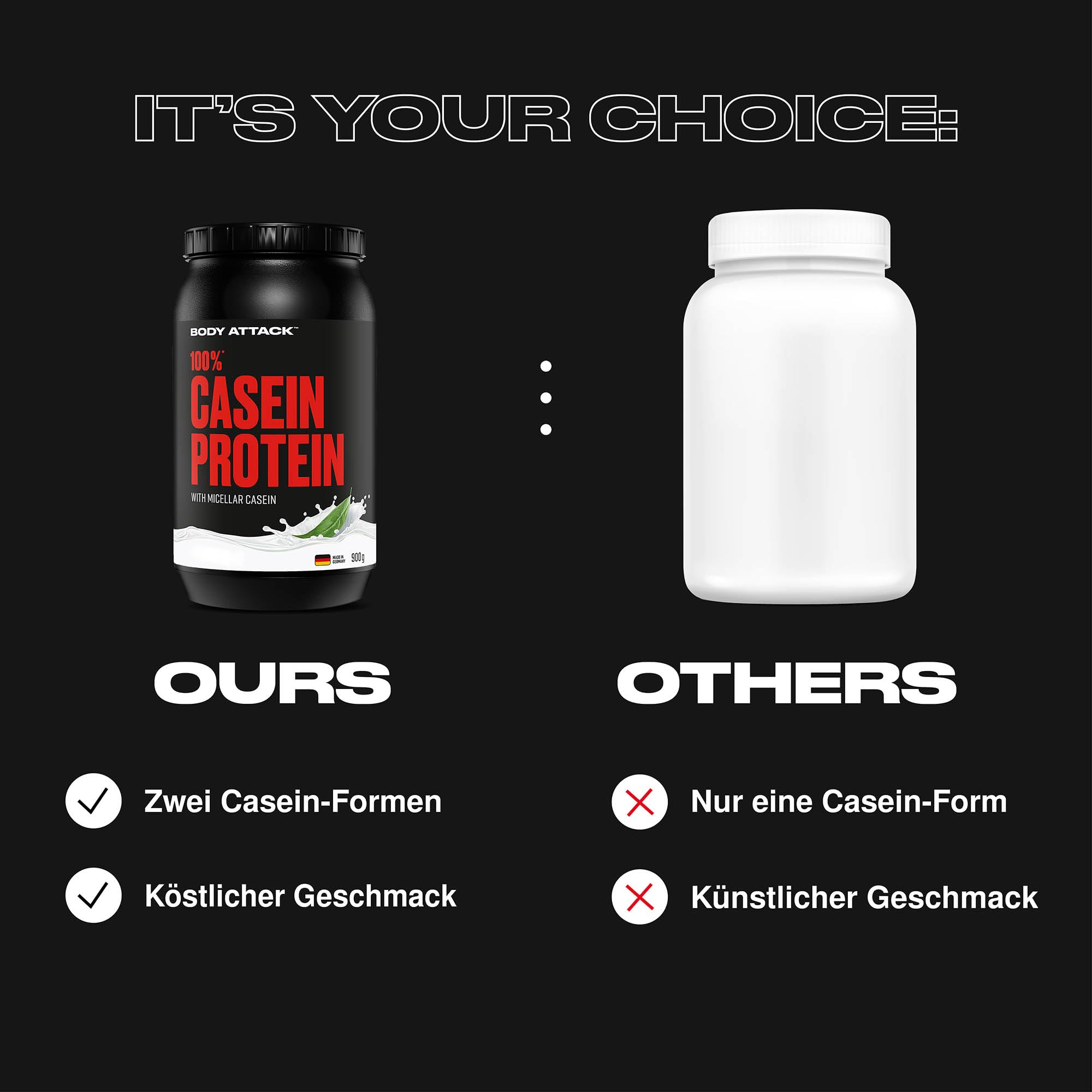 Body Attack 100% Caseine Proteine, Acides aminés-Proteines musculation, Low Carb - Prise de masse -Pour sportifs, athlètes et les personnes soucieuses de leur silhouette-900g protein powder- fraise