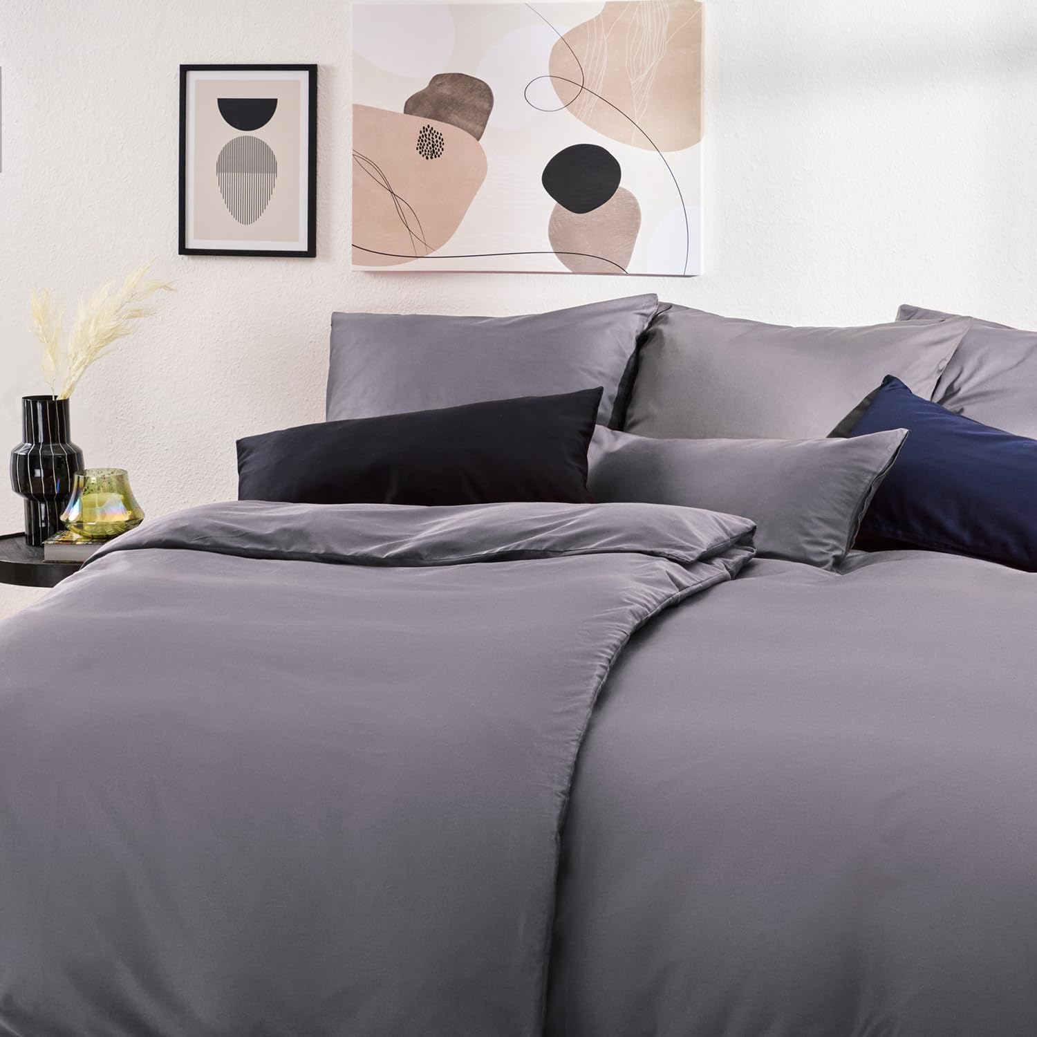 Blumtal Mako Satin Bettwäsche 155x220 Set & 2x 80x80 cm Kissenbezug Anthrazit - Oeko Tex Zertifizierte Satin Bettwäsche aus 100% Baumwolle - edler Bettbezug Glanzoptik 155x220 Satin mit Reißverschluss