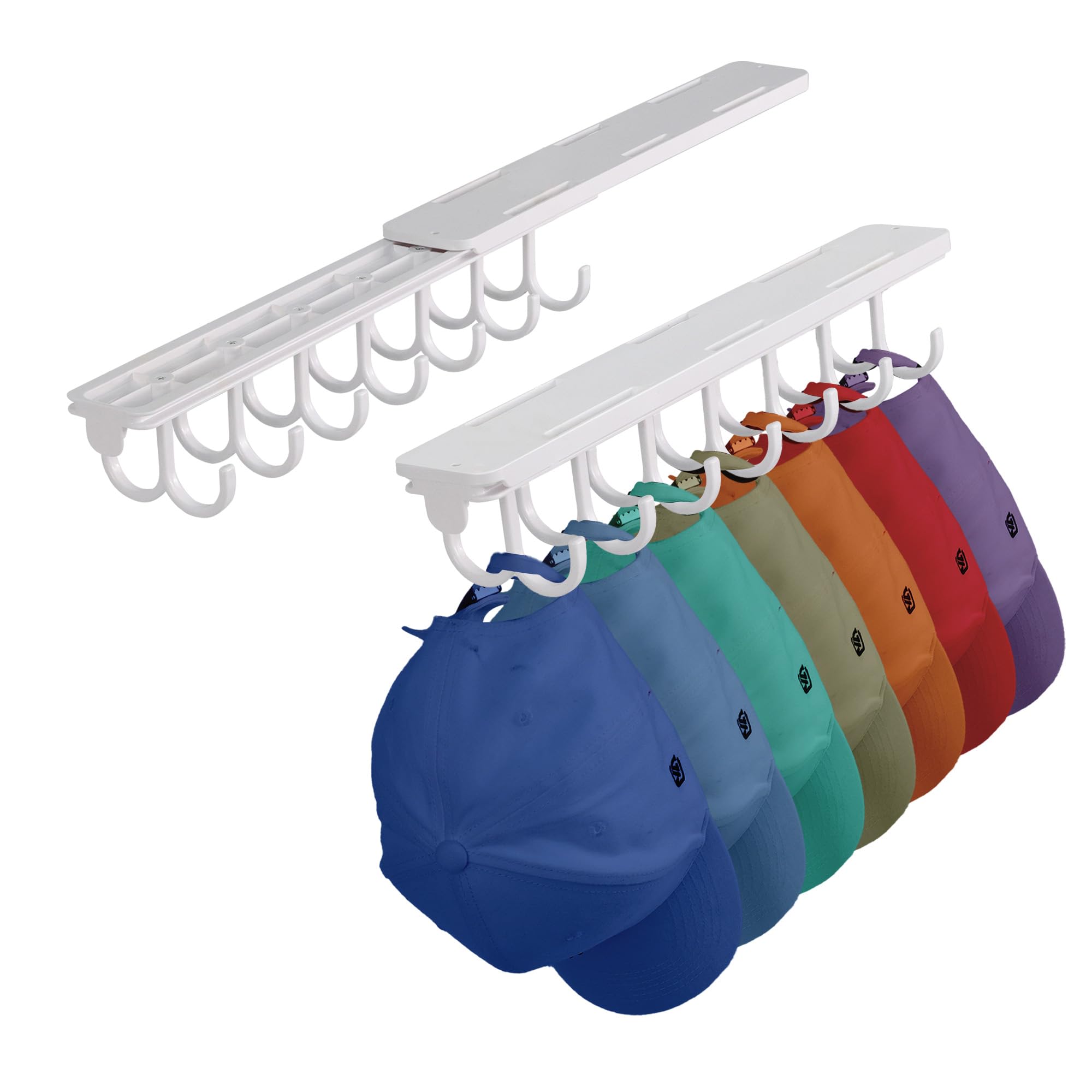 Sishynio2 Pack Hat Rack for Baseball Caps, White Hat Organizer for Closet Store 14 Baseball Caps, Hat Hanger Strong Adhesive Wall No Drilled, Sliding Rail Hat Storage for Bedroom Closet, Door, Wall