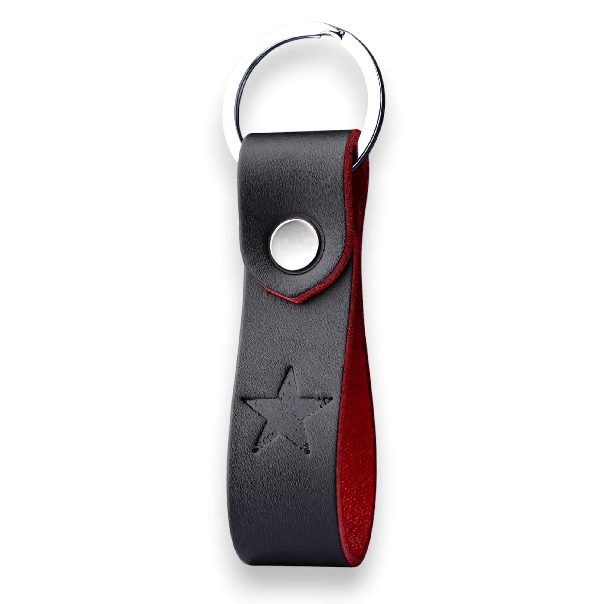 MAGOR Full Grain Leather Keyring, Elegant Black Key Ring with Red Interior, Car and Home Keychain, Hot Embossed Design, Personalised Premium Gift for Him or Her (Star)