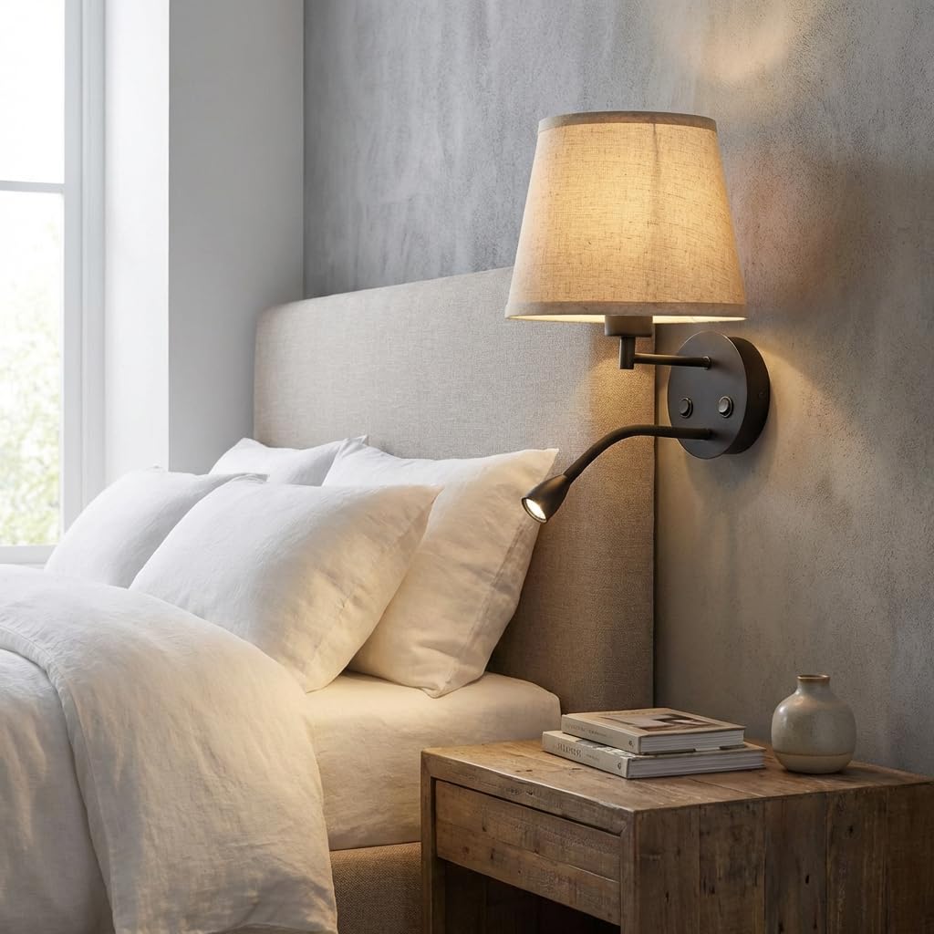 BARCELONA LED Aplique de Pared Grande LED Tubo Flexible, Pantalla Lino Caqui y Cuerpo Negro, Luz Doble Independiente, Moderno e Industrial, Minimalista, Ideal Dormitorio y Sala