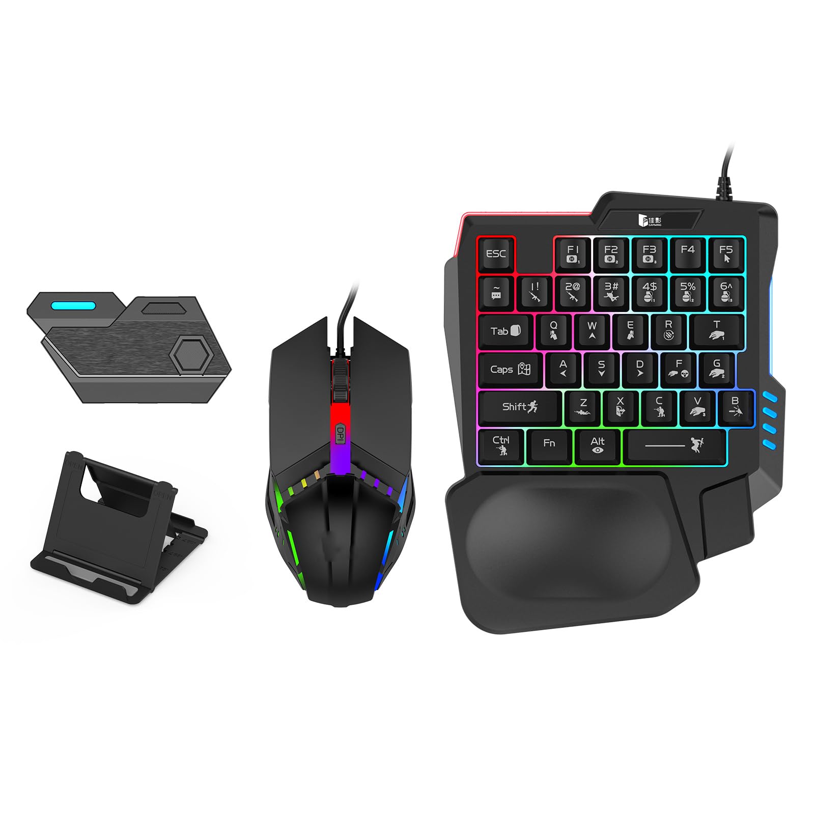 One Hand RGB Gaming Keyboard and Mouse Combo, Half Hand Gaming Keyboard Set, Mechanical Feeling Keyboard, for Mobile, League of Legends Games