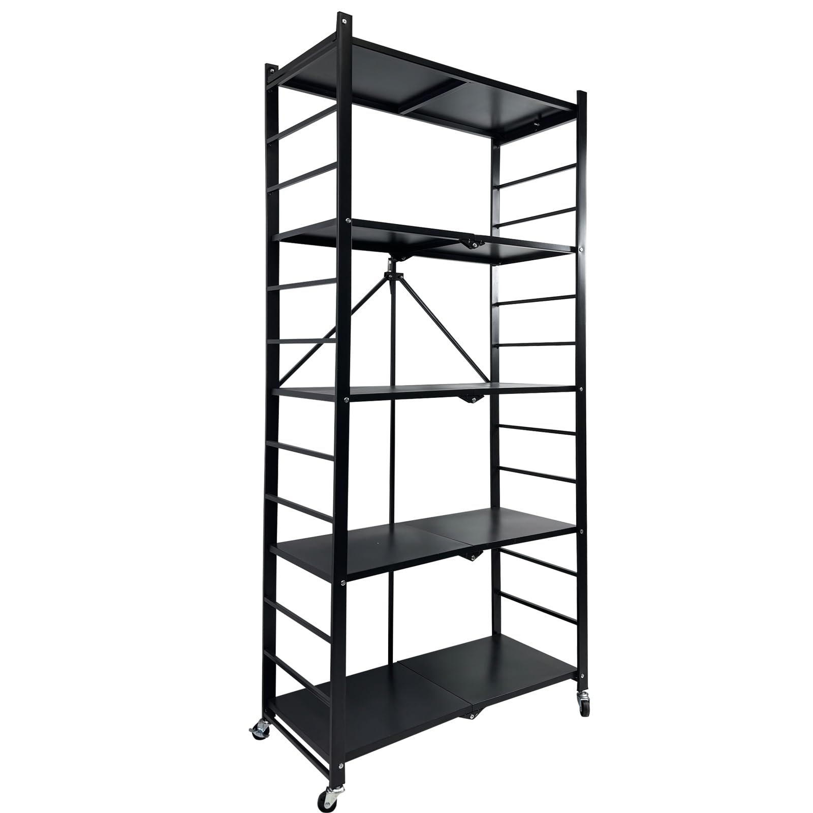 5-Shelf Foldable Storage Shelves on Wheels | Large Capacity Heavy-Duty Metal Shelving Unit | No-Assembly Collapsible Organiser Rack for Kitchen, Garage, Laundry, Bathroom & Tool Storage | Black
