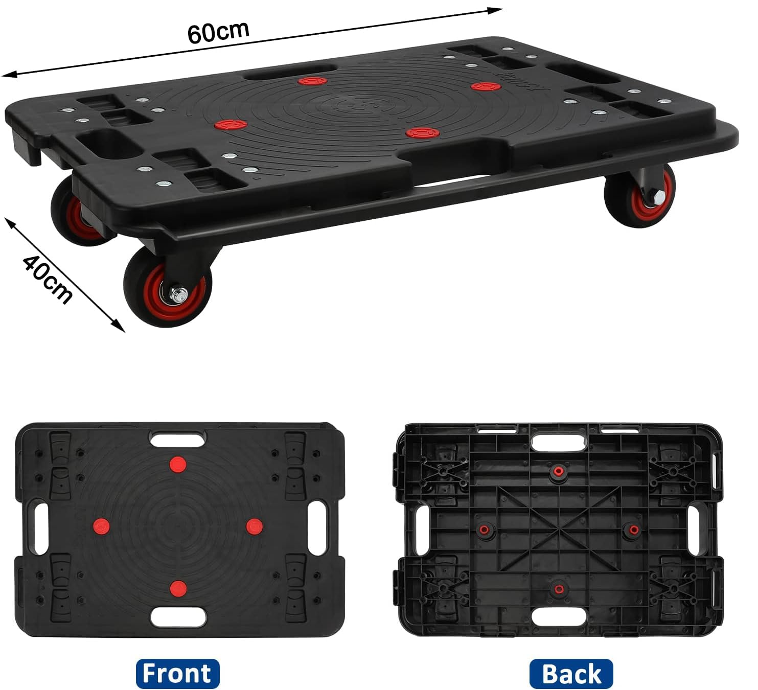 Transportroller 60 x 40 cm, 200 kg Tragkraft, Flacher Möbelroller mit Rädern, Tragbare rollbretter Transport für schwere Möbel, Schwarz