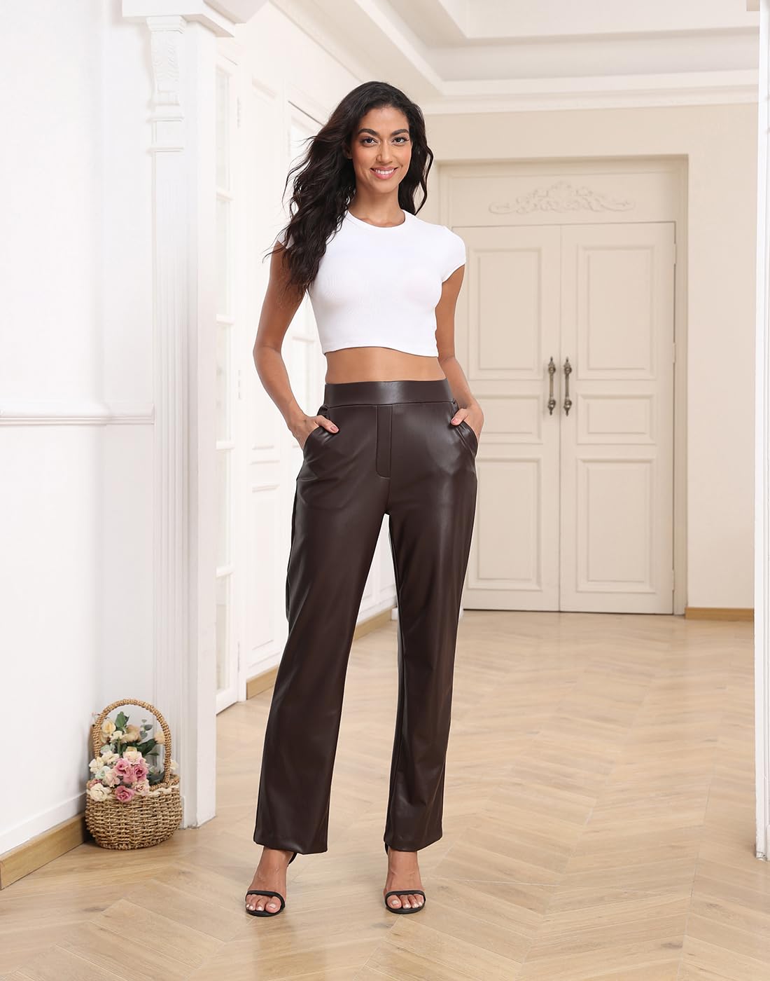 HDE Damen-Schlupfhose aus Kunstleder, hohe Taille, mit Taschen