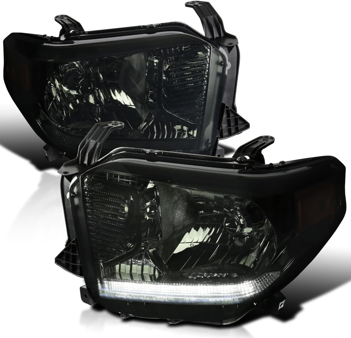 SPEC-D TUNING Smoke Lens LED Strip Headlights Compatible with 2014-2021 Toyota Tundra Pickup L+R Pair Head Light Lamp Assembly