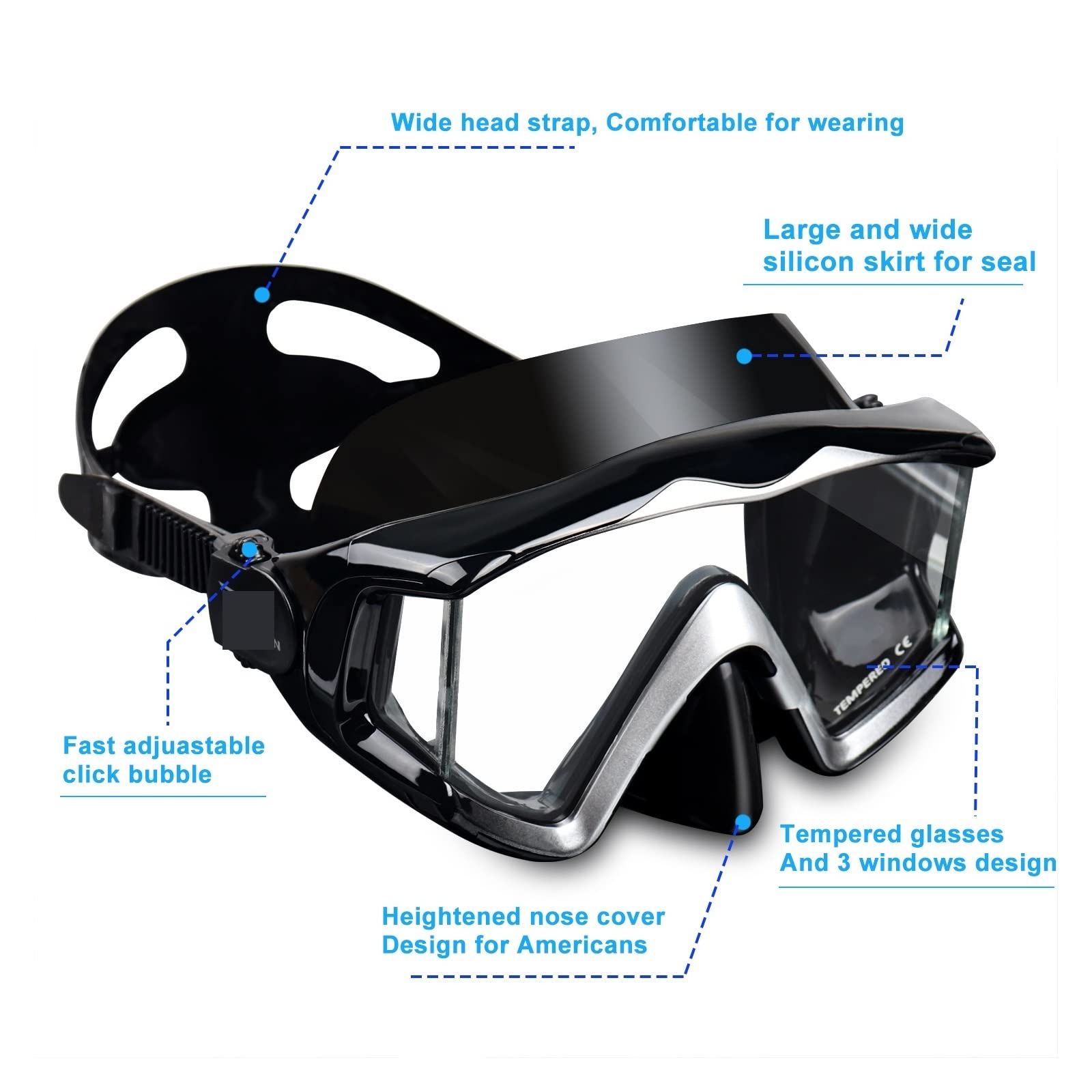 Dive Portable Lungs Tauchmaske für Erwachsene, Panorama-Schnorchel-Tauchmaske aus gehärtetem Glas, Premium-Schwimmbrille mit Nasenschutz, sichereres Schnorcheln(Mattschwarz A)
