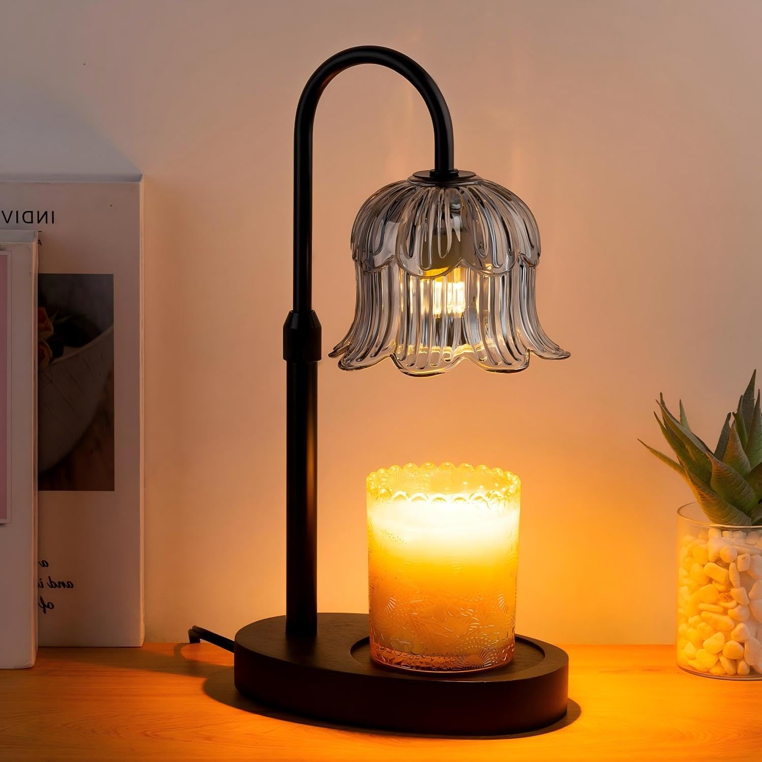 EVXFG Candle Warmer Lamp Electric - Classicism Glass Design with 2 Bulbs - Adjustable Height and Dimmable Timer Grey Flower Lamp - Jar Candles Flameless Burner Suitable Various Holiday Warming Gifts