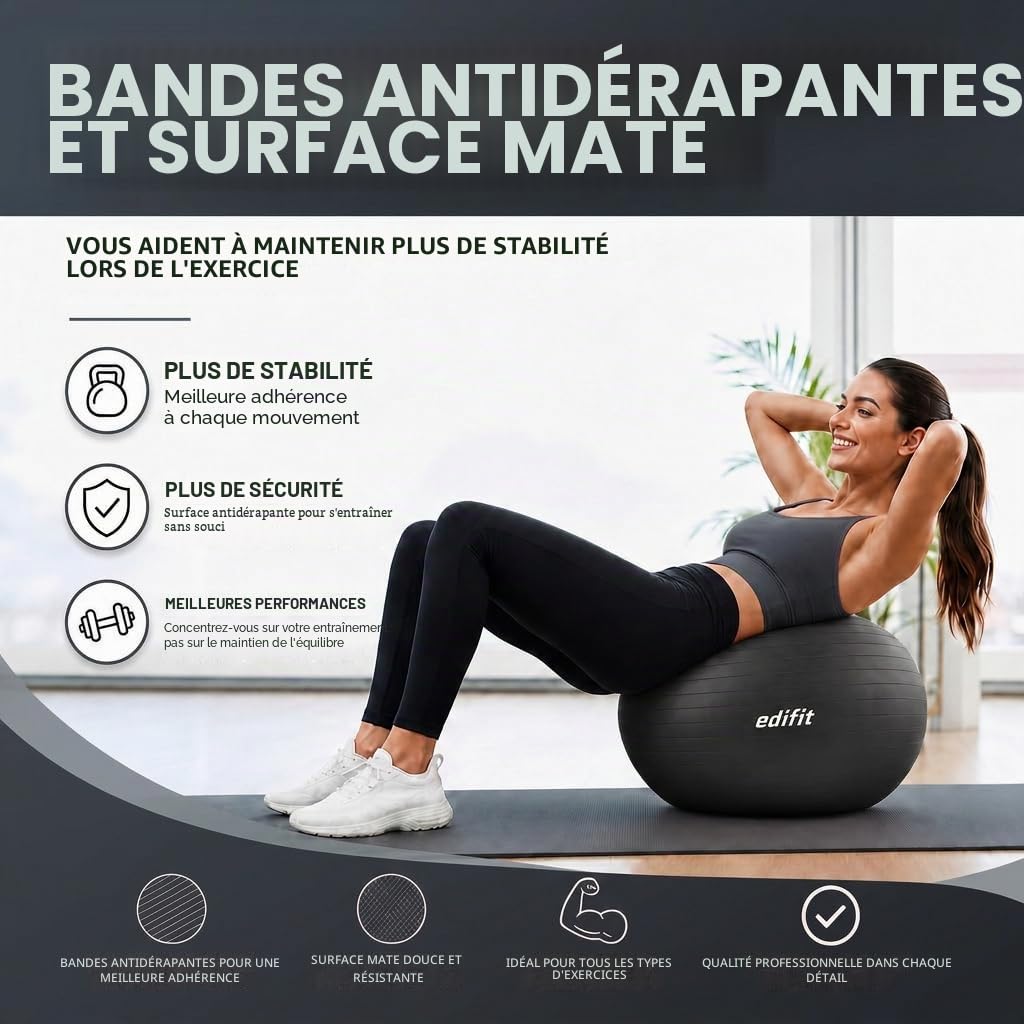 Edifit, Ballon Grossesse, 55, 65 et 75, Swiss Ball, Gym, Pilates, Gonfleur Inclus, Fitness Materiel, Gymnastique, Yoga Accessoires
