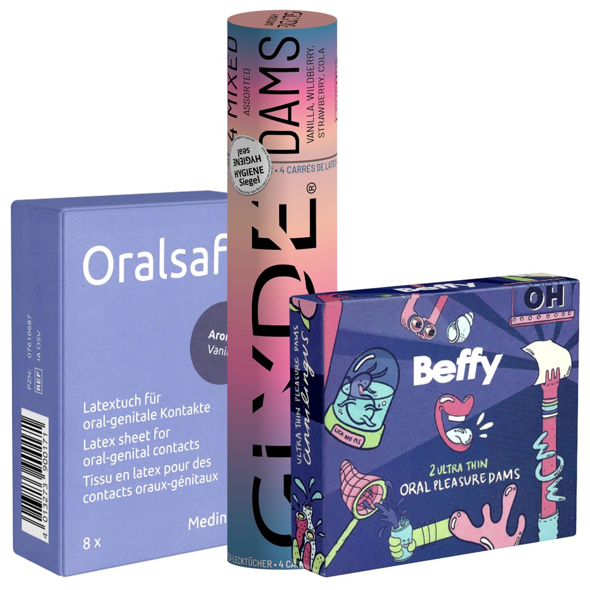 Sélection de Digues Dentaires: Oral Dams Starterpack - 3x Digues Dentaires (Beffy, Glyde, Oral Safe)