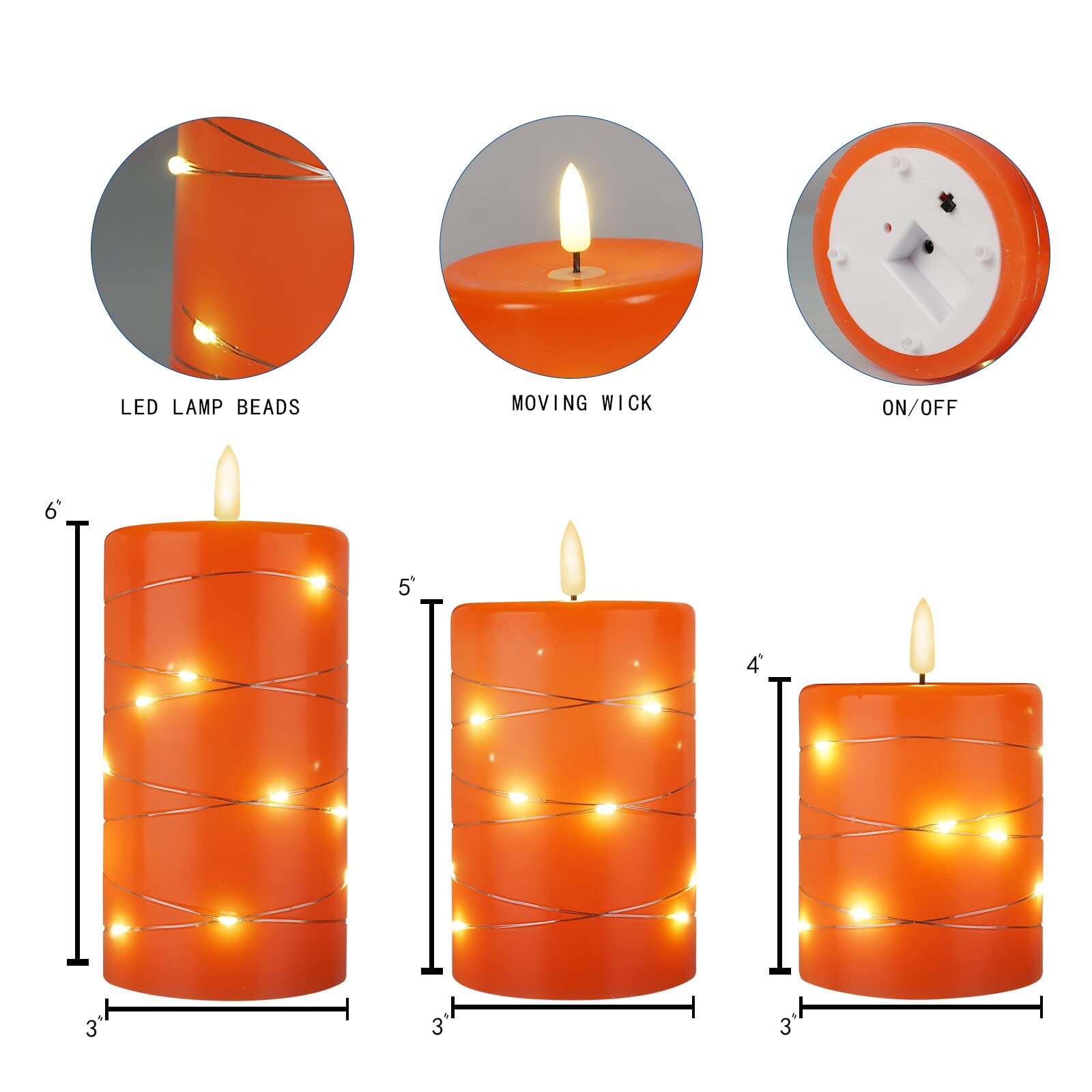 haitanghua Rechargeable Flameless Candle, LED Candle, Real Flashing Flame Built-in String Light, Remote Timer Candle, USB Powered Candle, Orange (3-Pack)