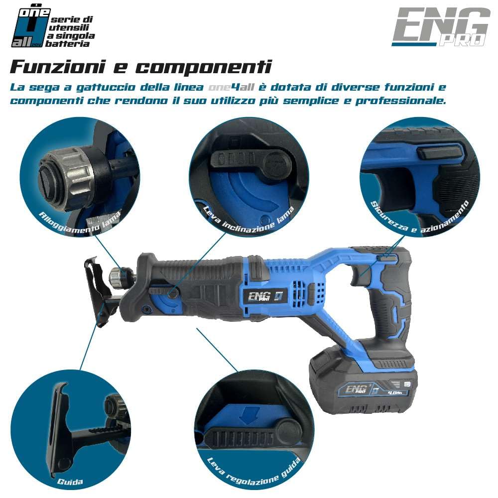 Sega A Gattuccio - Linea Professionale Monobatteria ONE4ALL 20V - Velocità 3000 rpm Capacità Taglio 115mm, Lama per legno + 1 Batteria 2.0Ah e Caricabatteria inclusi - ENG PRO