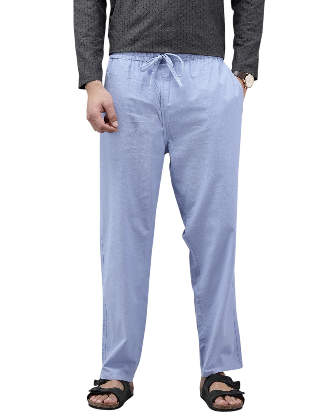 qashida Men's Cotton Blend Solid Trouser Pants with Drawstring Waistband | Elasticated Waist | Relaxed Fit | Casual with Side and Back Pockets, Premium Light Blue-picture-32