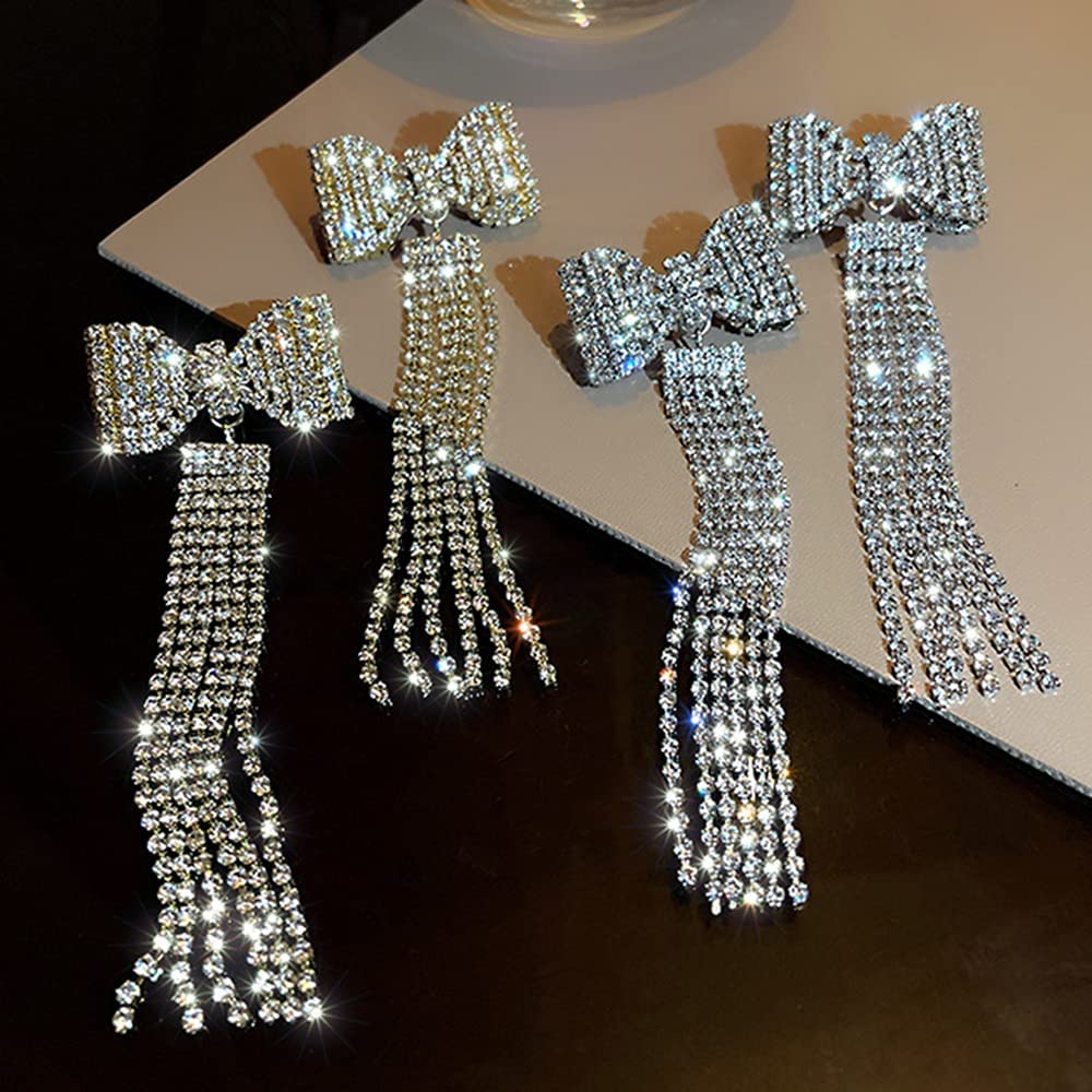 Wiwpar Long Fashion Bow Tassel Earrings Full Diamond Earrings Rhinestone Long Tassels Dangle Earrings for Women Girls