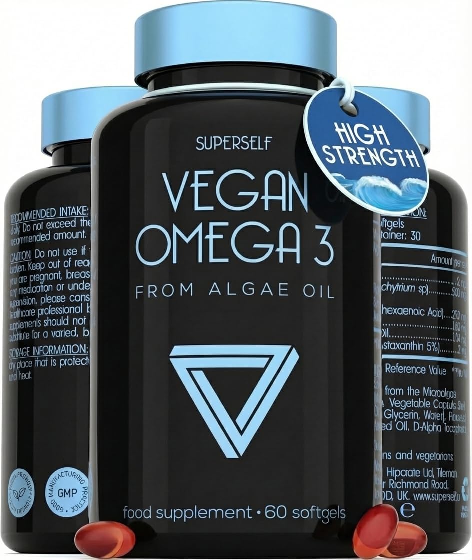 Vegan Omega 3 Capsules - High Strength DHA from Algae Oil with Flaxseed Oil, Astaxanthin, Vitamin E - Algae Omega 3 Vegan - 60 Easy Swallow Softgel Tablets - Sustainable Vegetarian DHA Supplements
