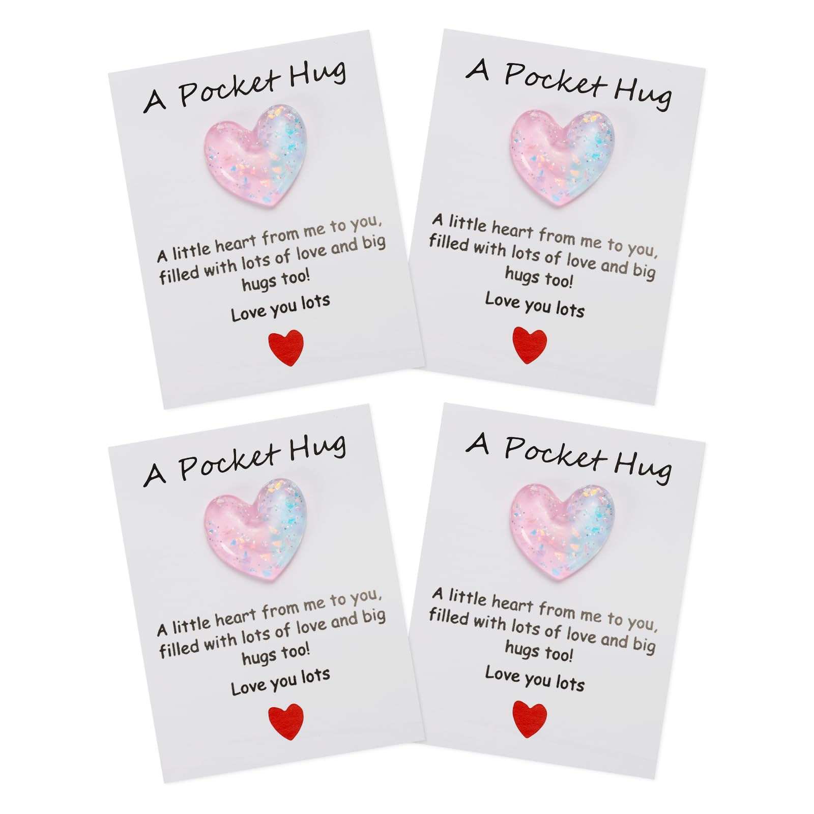 PATIKIL 4 Pack Pocket Hug Heart with Greeting Card, Pocket Hug Token Love Cards Cute A Little Resin Heart Shape Bulk for Friends Long Distance Relationship Gifts, Pink Blue